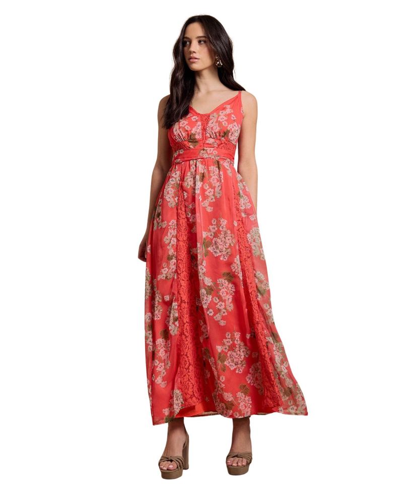 Women's Floral-Print Pleated Lace Maxi Dress