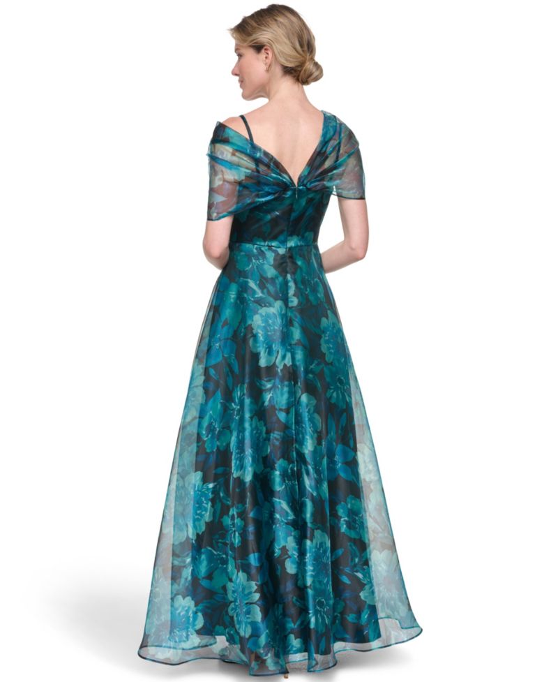 Petite Asymmetric Neck Cap-Sleeve Ball Gown