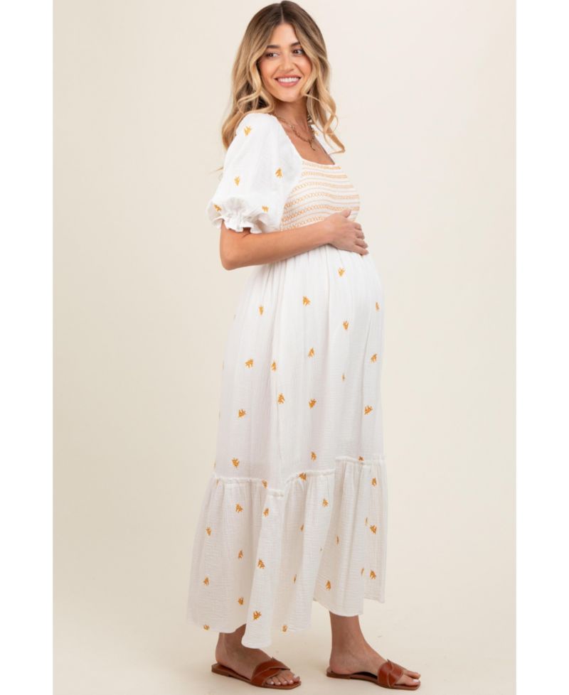 Women's Ivory Gauze Smocked Embroidered Square Neck Midi Dress