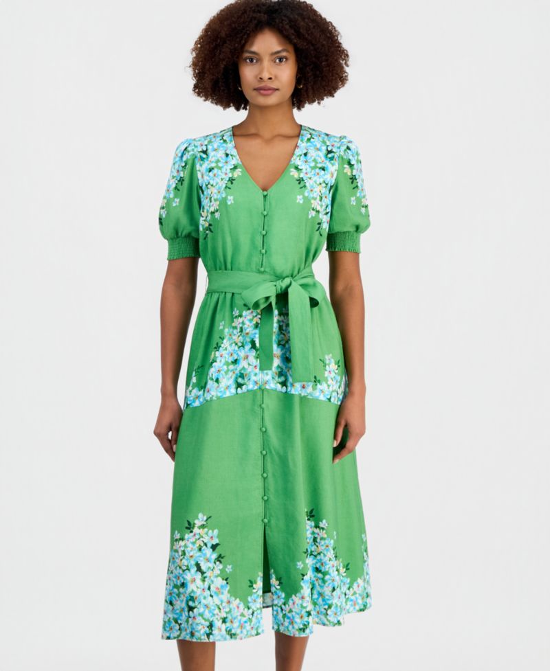 Women's Belted Printed Button-Front Midi Dress