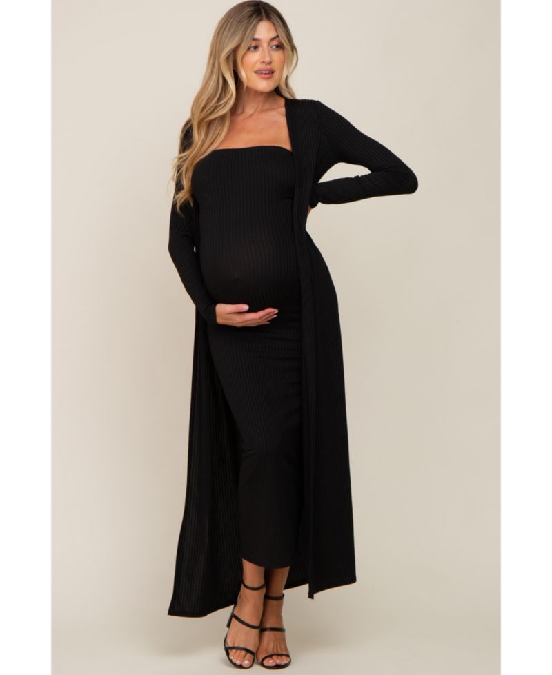 Women's Black Ribbed Sleeveless Dress Cardigan Set