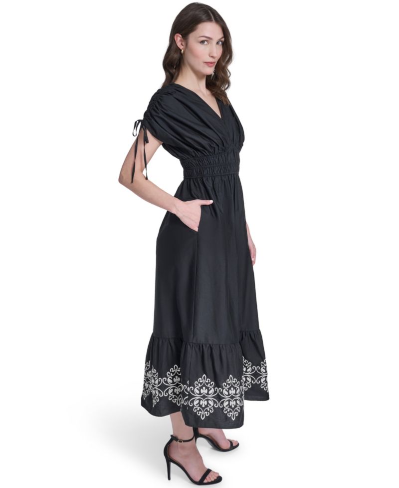 Women's V-Neck Embroidered Hem Midi Dress