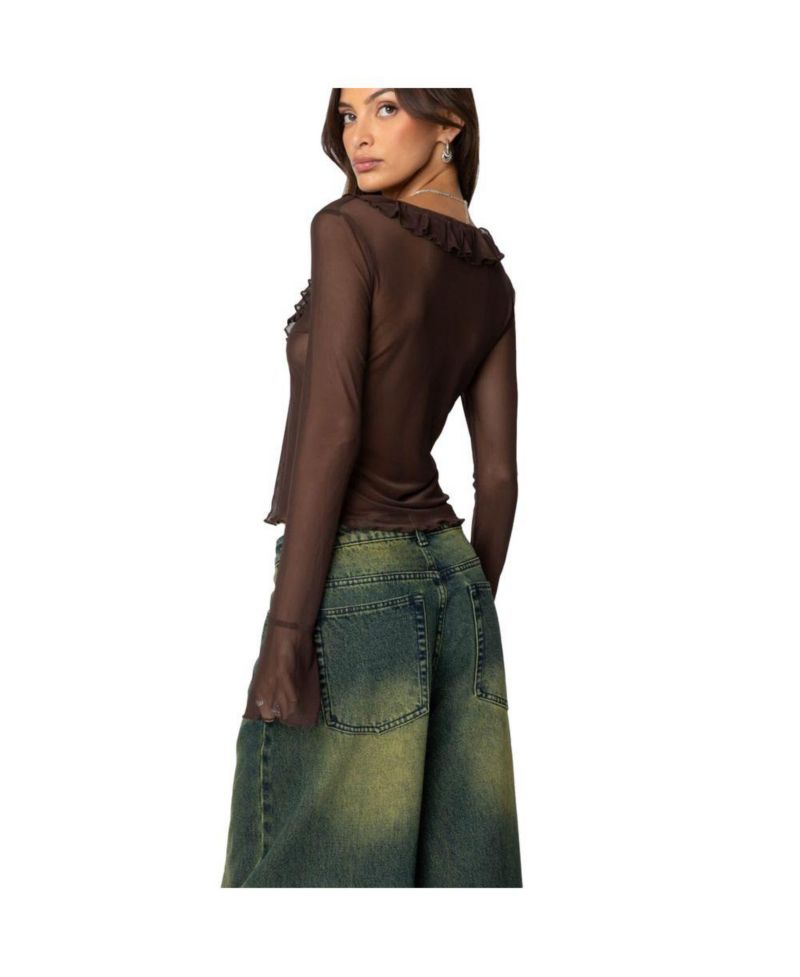 Women's Sheer Mesh Ruffled Top