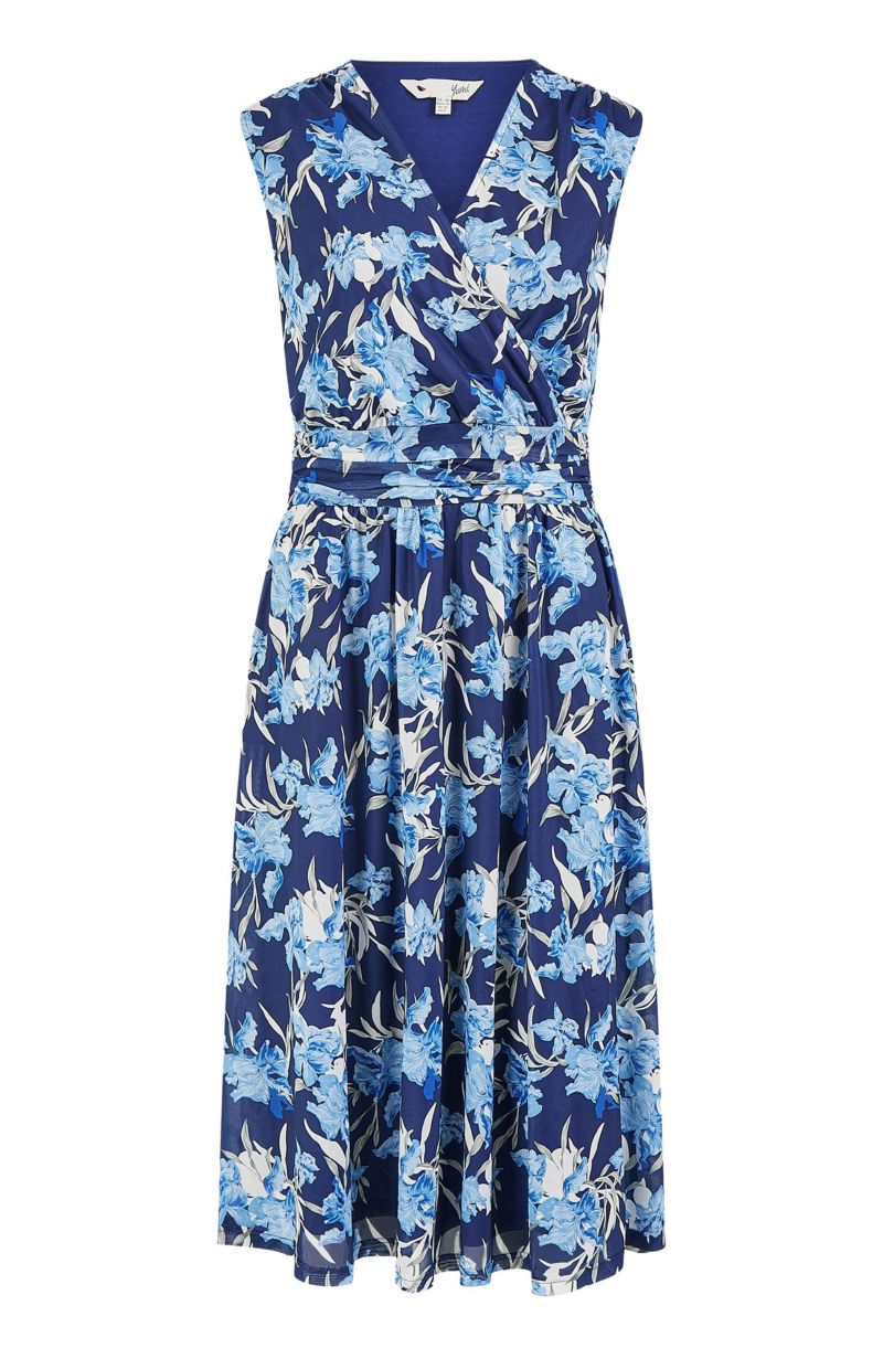Women's Floral Wrap V Neck Midi Skater Dress