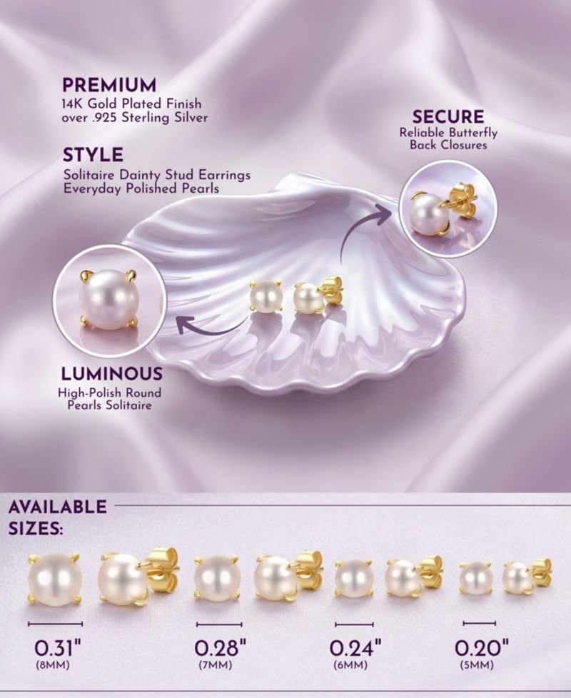 Adorable 14K Gold Plated Pearl Solitaire Dainty Stud Earrings