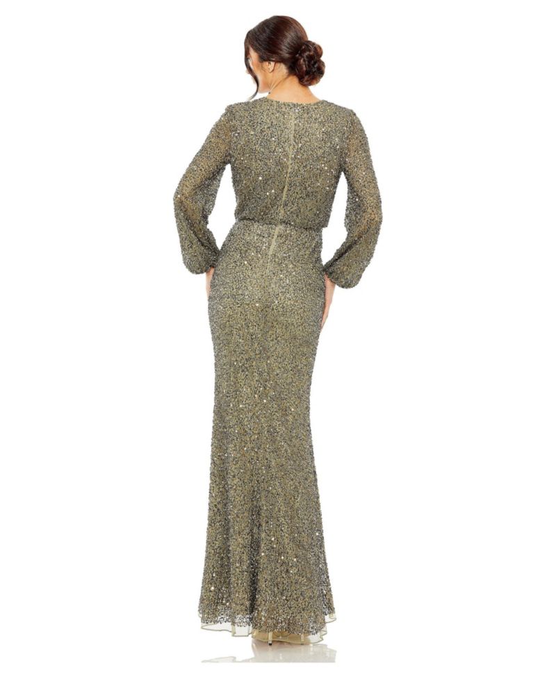Women's High Neck Long Sleeve Beaded Blouson Gown