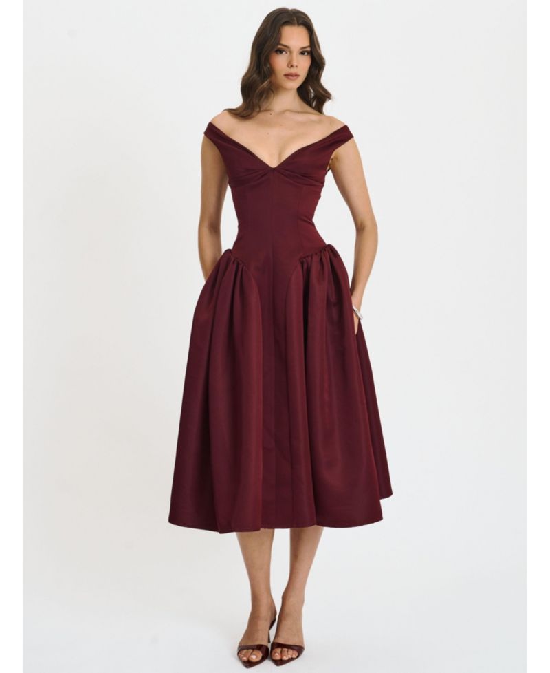 Women's Omella Burgundy Ruched Bust Sweetheart Flared Maxi Dress