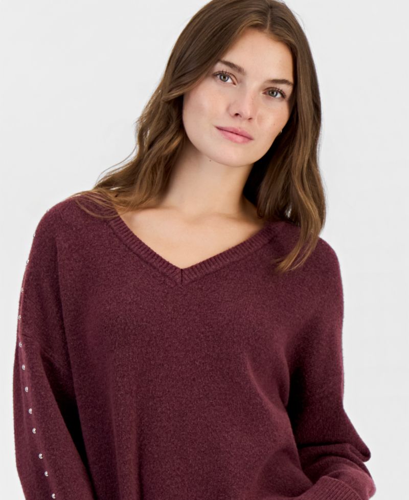 Juniors' Studded V-Neck Slouchy Sweater