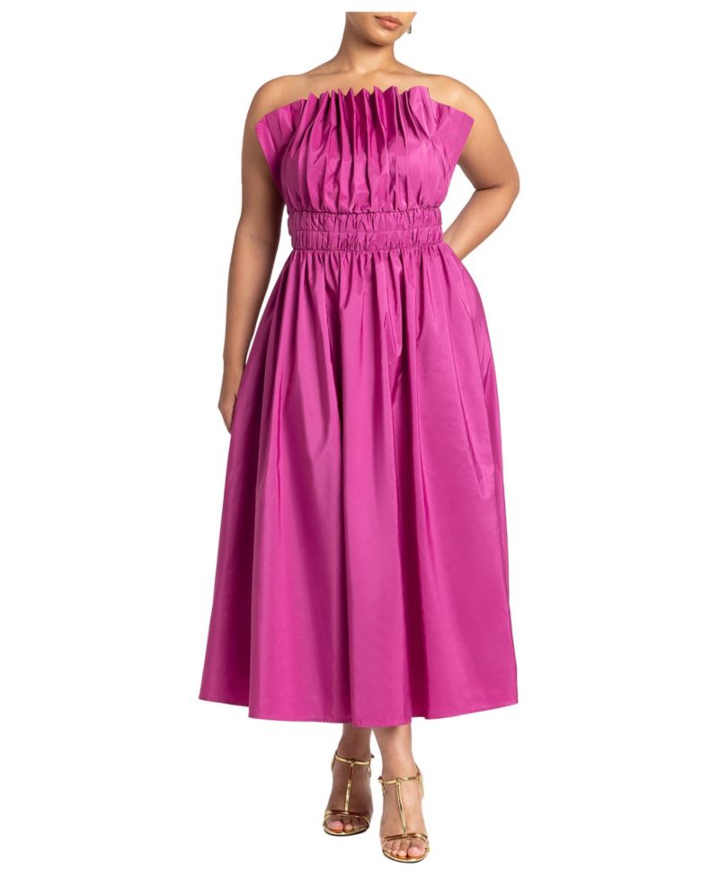 Women's Pleated Ruffle Neckline Midi Dress