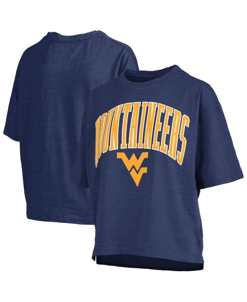 Women's Navy West Virginia Mountaineers Nelson Arch Over Logo Waist Length Oversized Slub T-Shirt