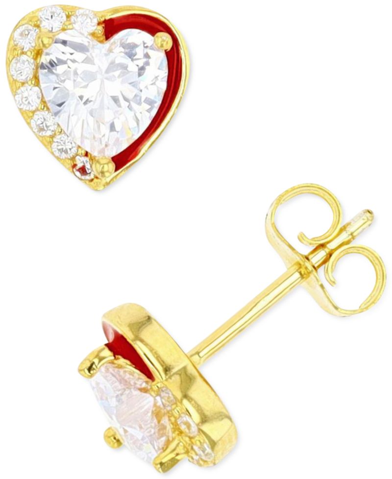 Cubic Zirconia Heart Stud Earrings in Sterling Silver or 14k Gold over Sterling Silver