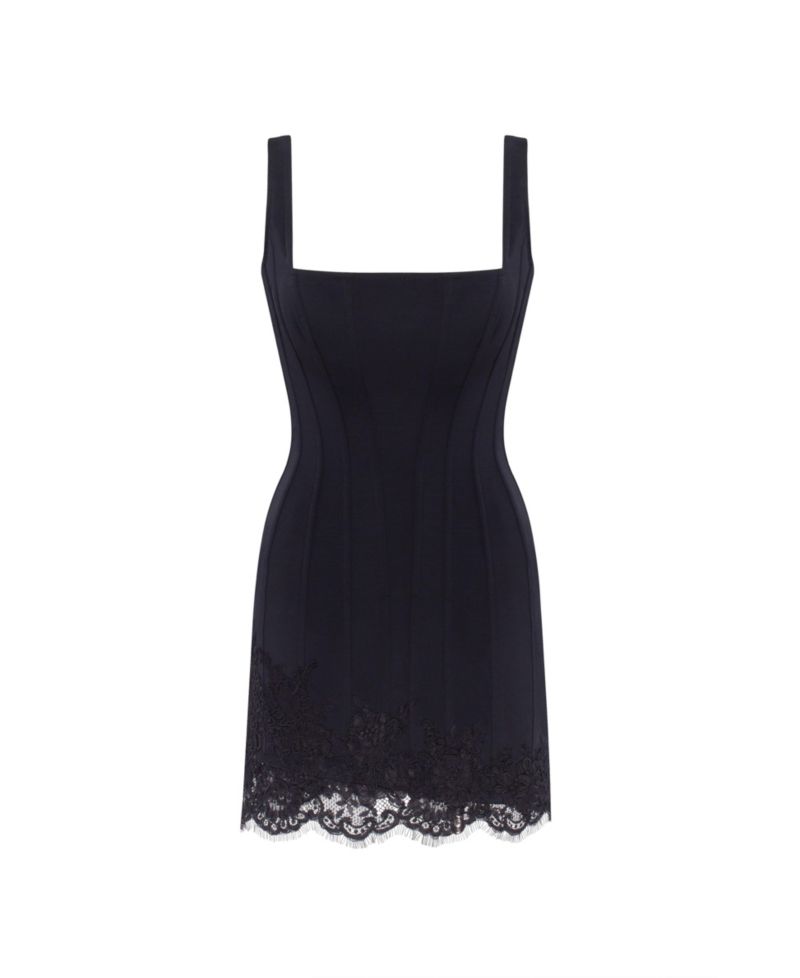 Womens Sultry Black Corset Mini Dress With Lace Hem