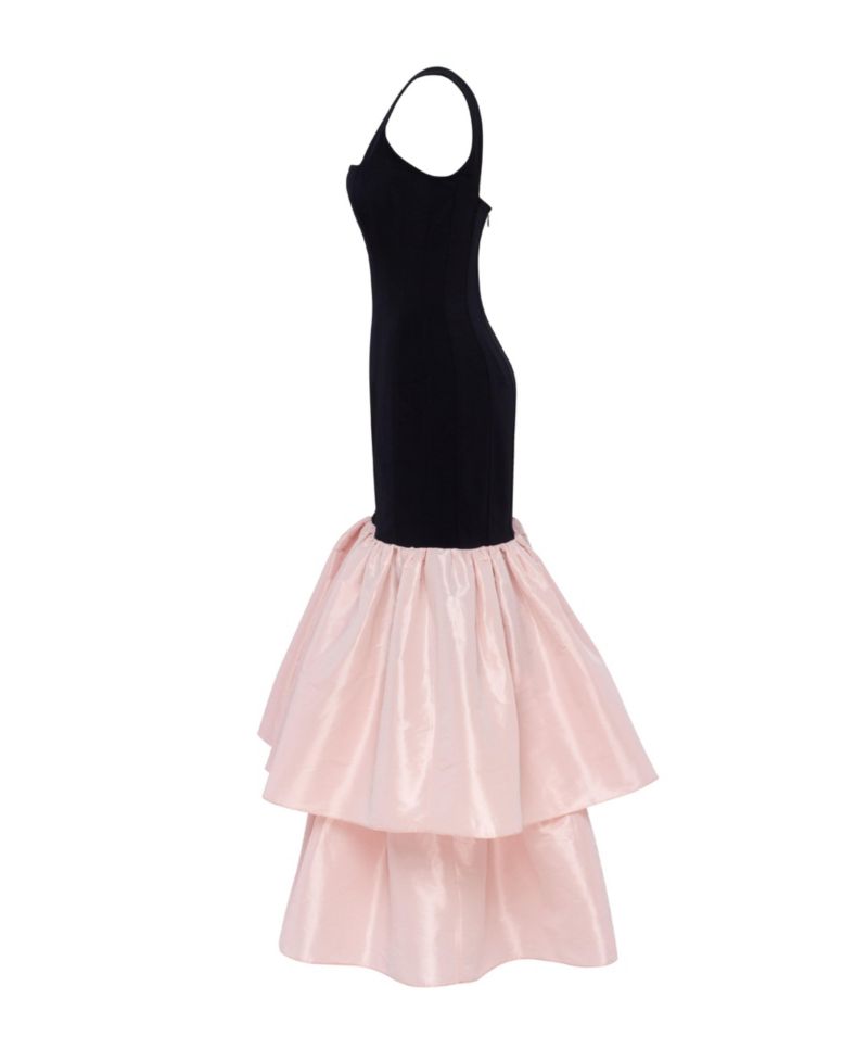 Women's Black Fitted Maxi Dress With Puffy Tiered Skirt