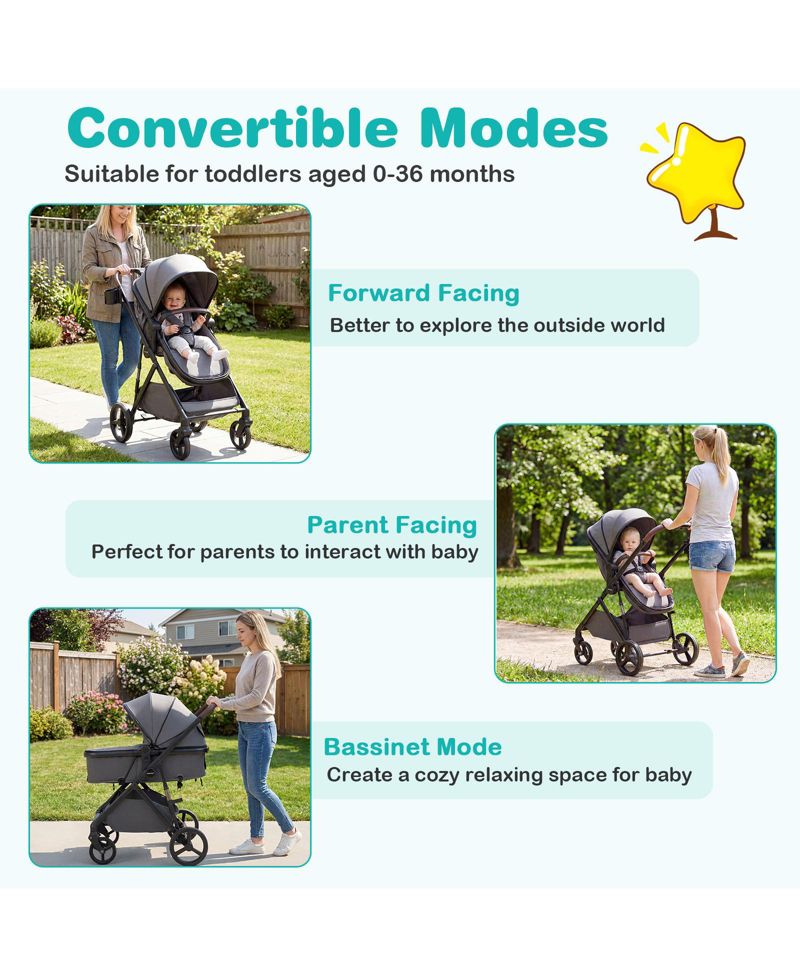 2 in 1 Baby Stroller with Bassinet Mode with Reversible Seat Adjustable Canopy