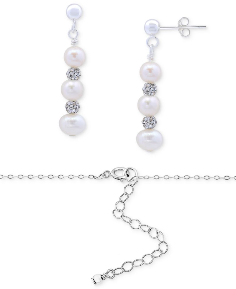 2-Pc. Set Freshwater Pearl & Crystal Vertical Pendant Necklace & Matching Drop Earrings in Sterling Silver