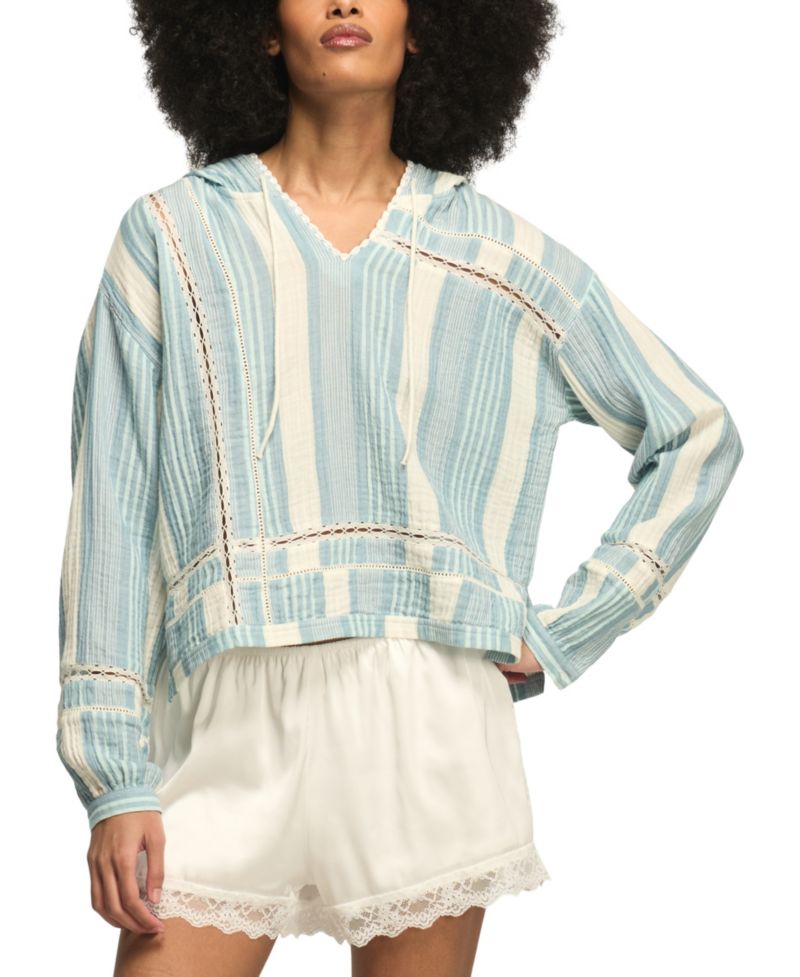 Women's Striped Lace Detail V-Neck Hoodie