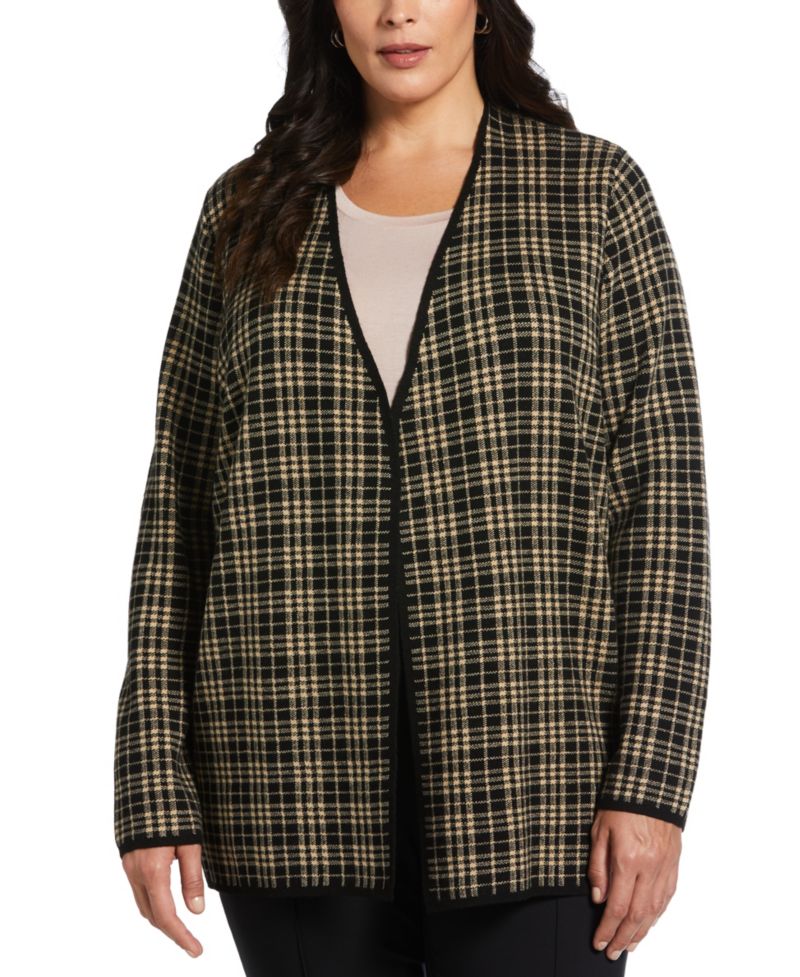 Plus Size Plaid Jacquard Flyaway Cardigan Sweater