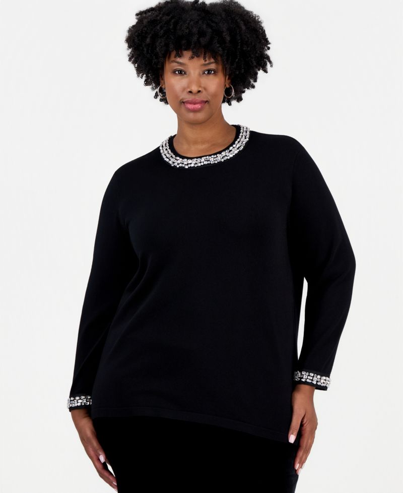 Plus Size Rhinestone Embellished Keyhole Sweater