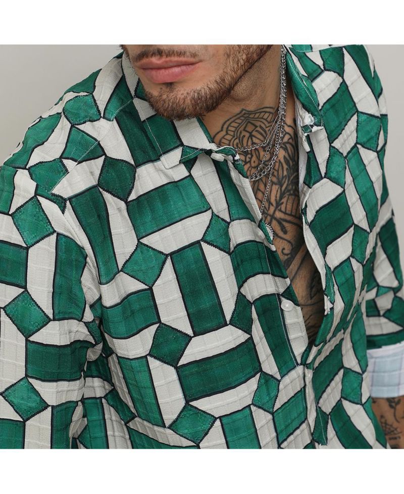Men's Emerald Green & Ivory White Contrast Block Shirt