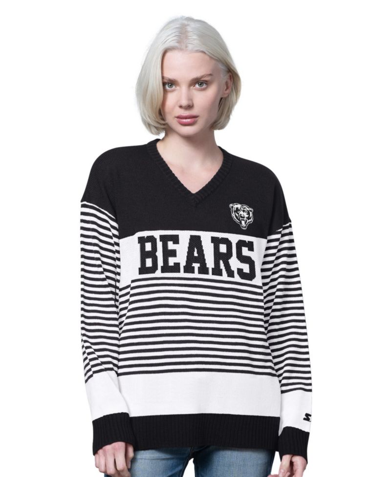 Women's Black Chicago Bears No Huddle Striped V-Neck Sweater