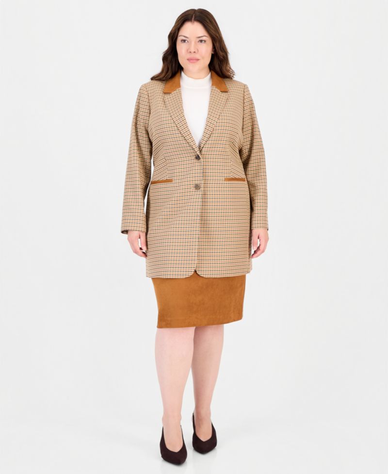 Plus Size Plaid Long-Sleeve Blazer