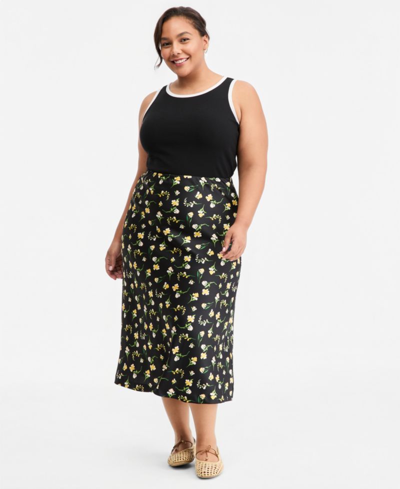 Trendy Plus Size Floral Midi Slip Skirt