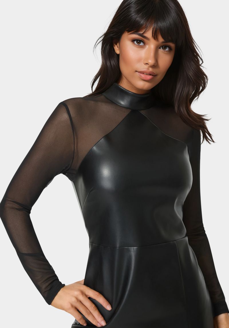 Womens Faux Leather and Mesh Mock Neck Mini Dress