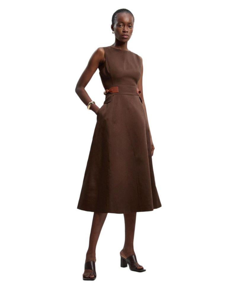 Women's Fitted Belt Crew Neck Midi Dress
