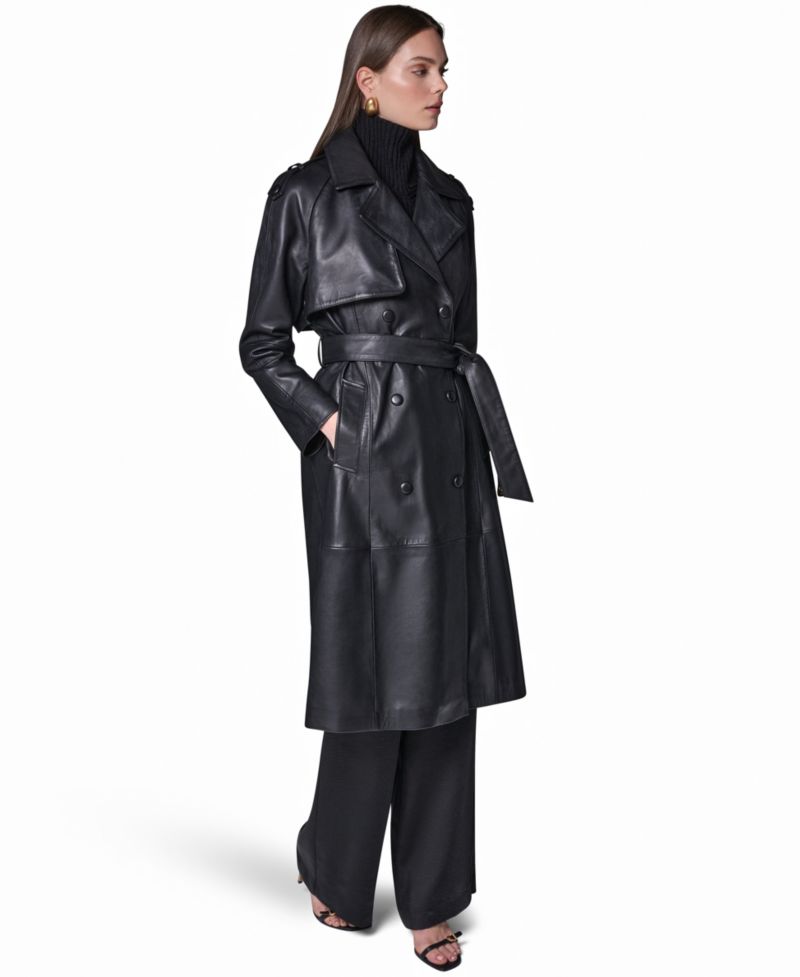 Women's Double Breasted Belted Leather Trench Coat