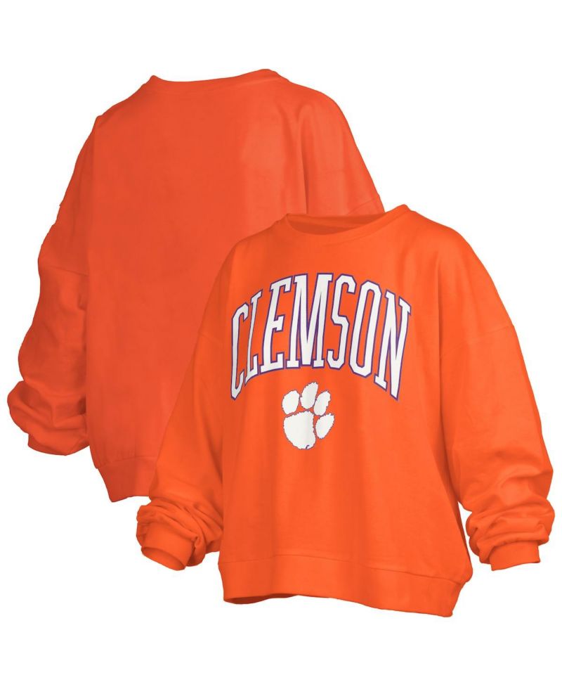 Women's Orange Clemson Tigers Janise Arch Over Logo Waist Length Oversized Pullover Sweatshirt