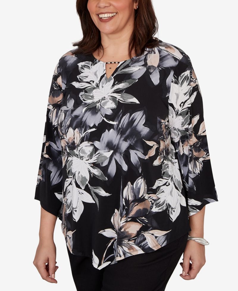 Plus Size Watercolor Floral Puff Printed Top