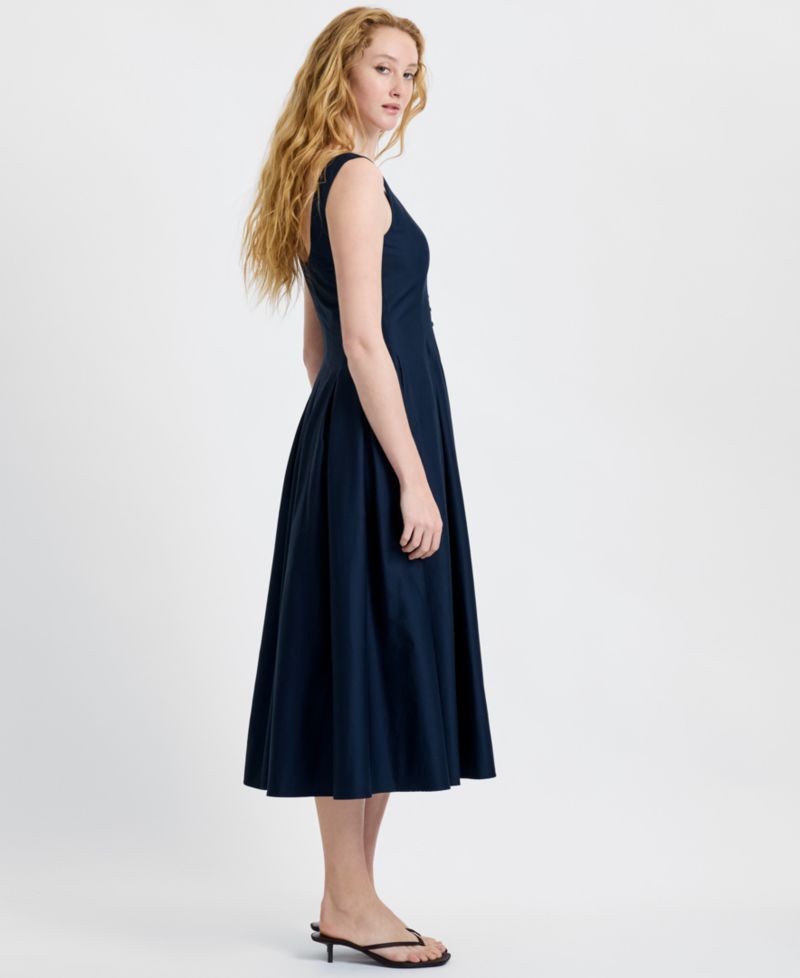Women's Satin Fit And Flare Scoop Neck Midi Dress
