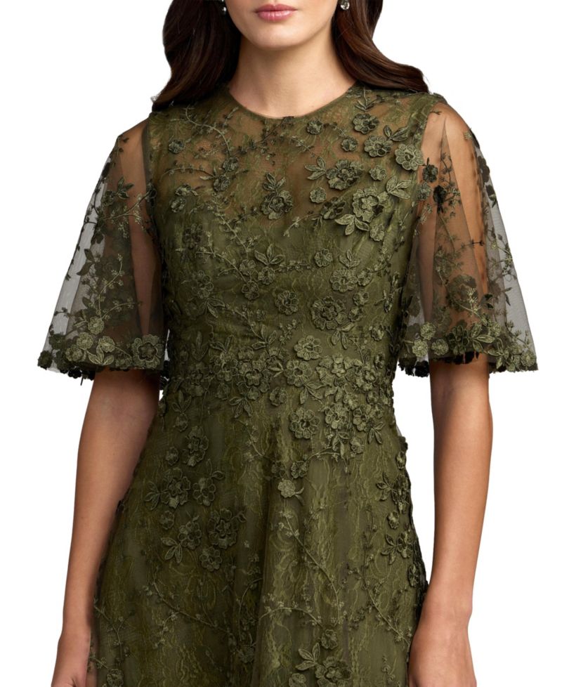 Women's Floral Embroidered Flutter Sleeve Midi Dress