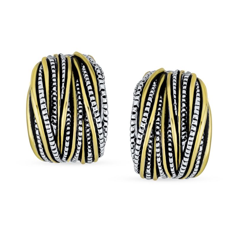 Two-Tone Crossover Stripe Clip On Earrings Wide Oxidized Silver Gold Plated