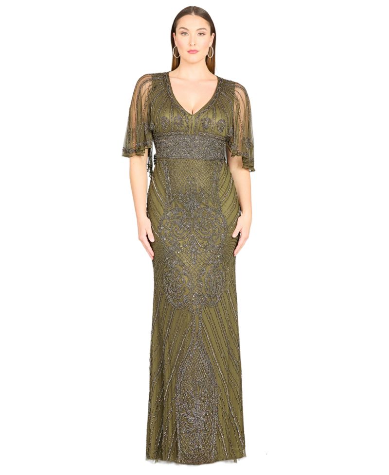 Women's Cape Sleeve V-Neck Beaded Gown