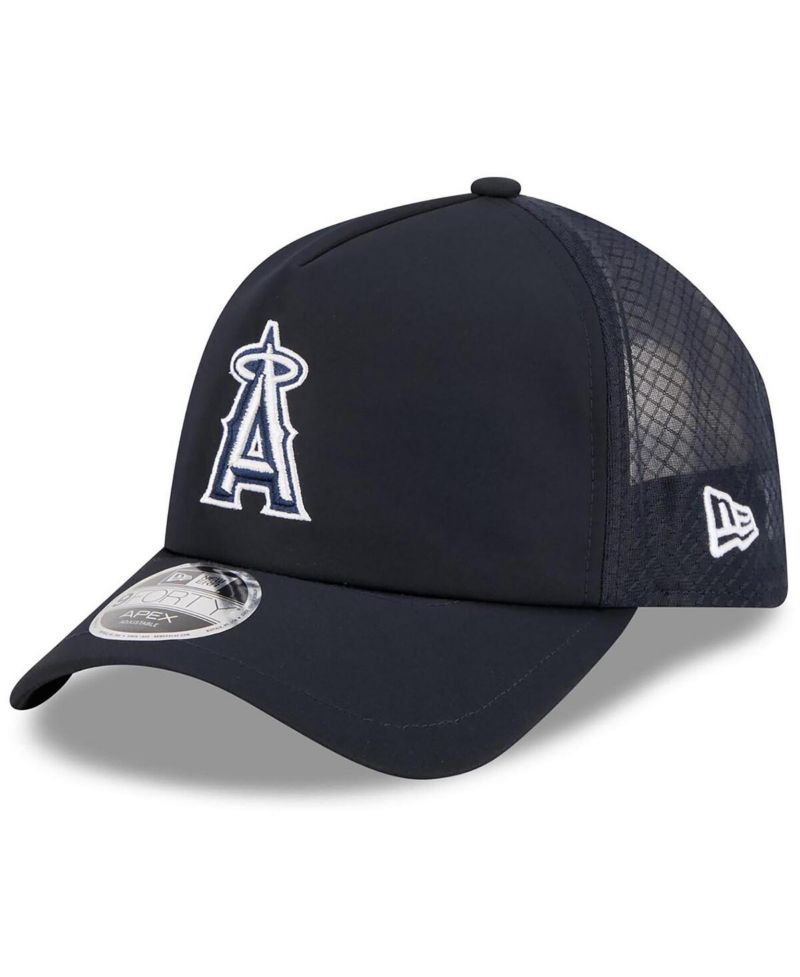 Men's Navy Los Angeles Angels 2026 Batting Practice Apex 9FORTY Adjustable Trucker Hat