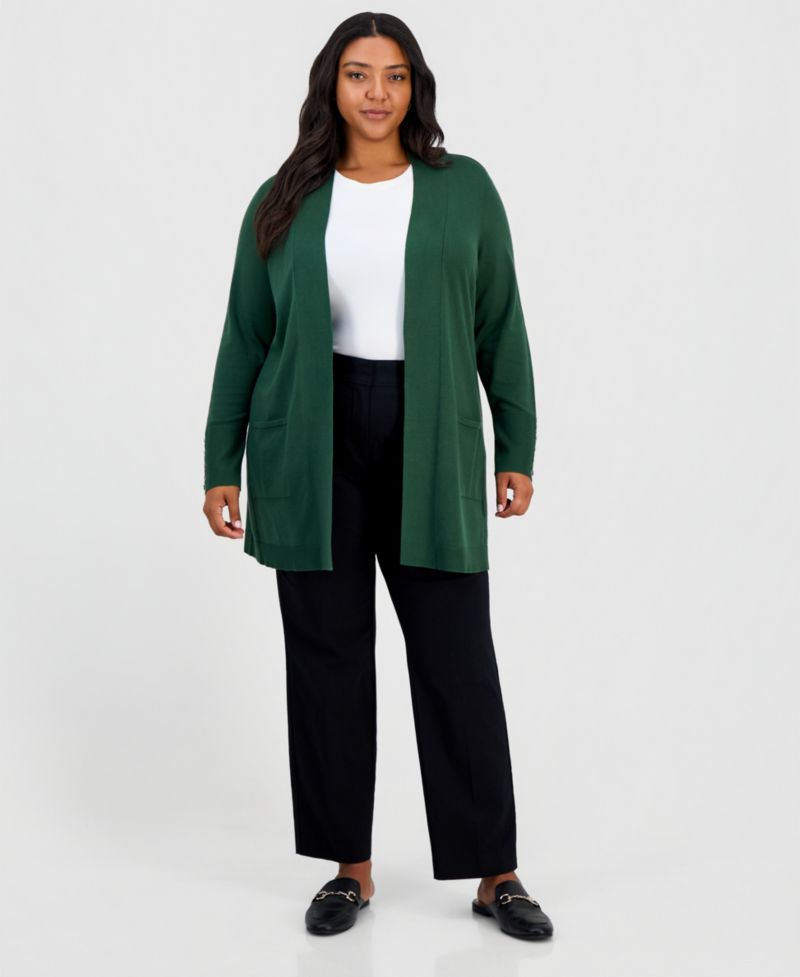 Petite Open-Front Button-Cuff Cardigan Sweater