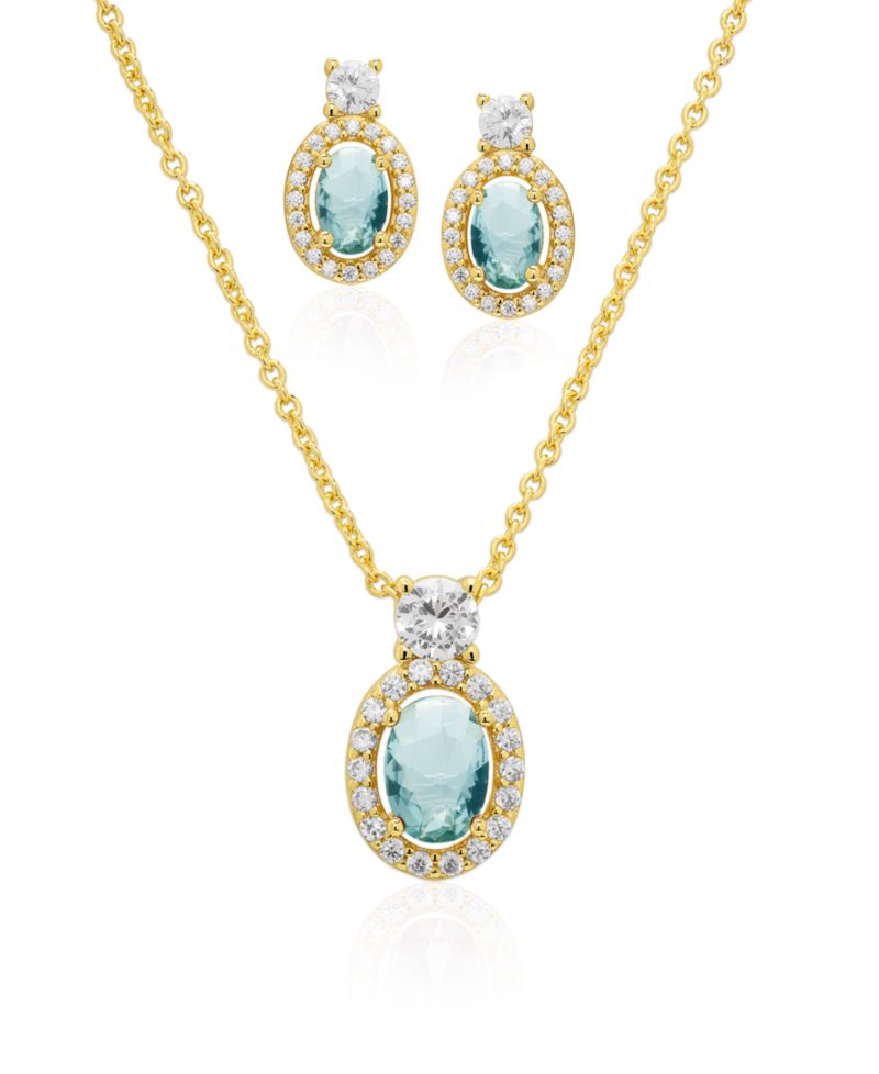 Oval Simulated Gemstone Halo Pendant Necklace with Matching Earrings 2-Piece Set
