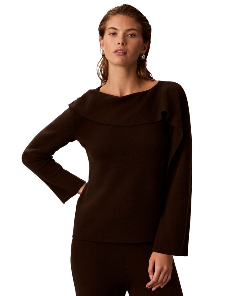 Petite Asymmetrical Drape Boat Neck Long-Sleeve Sweater