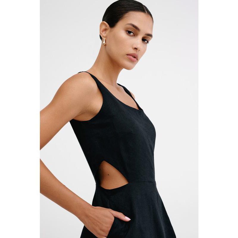 Women's Caroline Linen-Cotton Waist-Cutout A-Line Below-Knee Dress with Pockets