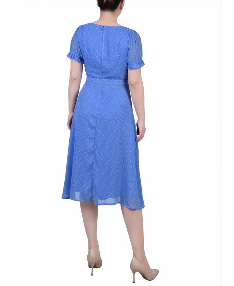 Petite Short Sleeve Belted Swiss Dot Dress
