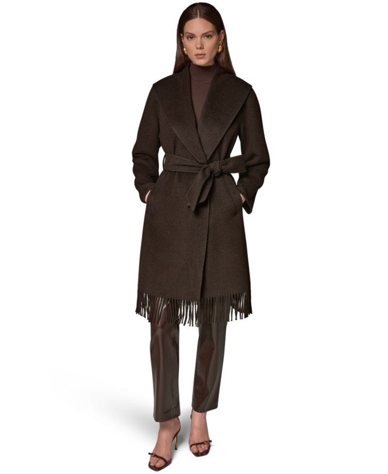 Women's Belted Fringe Wool-Blend Shawl-Collar Mid-Length Coat