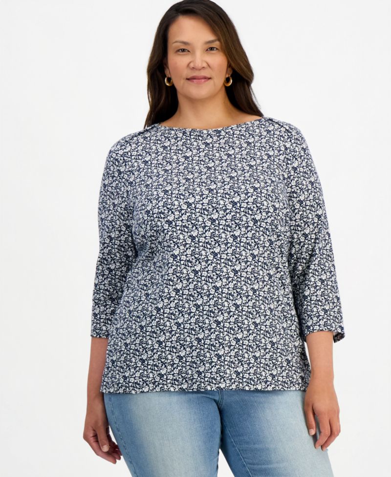 Plus Size Printed 3/4 Sleeve Boat-Neck Top