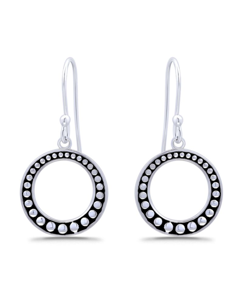 Oxidized Beaded Open Circle Fish-Hook Earrings