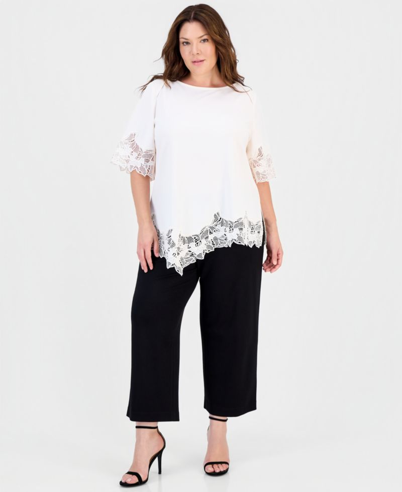 Plus Size Lace-Trim Asymmetrical-Hem Blouse
