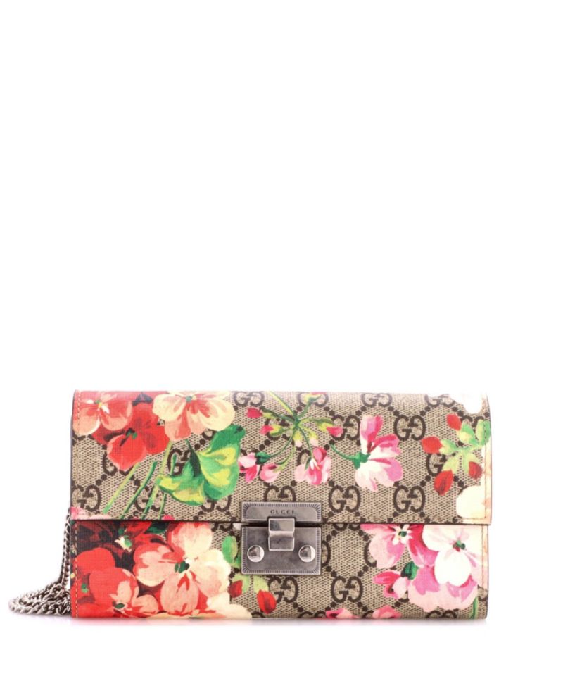 Long Padlock Continental Chain Wallet Blooms Print GG Coated Canvas