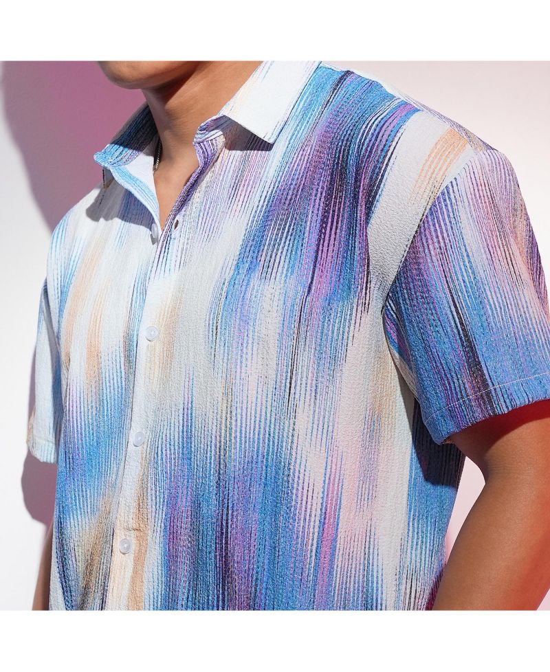 Men's Sky Blue & Ivory White Strokes-Textured Shirt