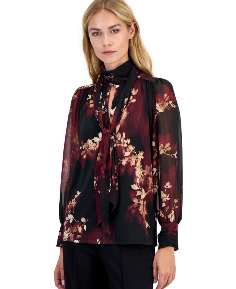 Petite Long-Sleeve Floral Bow Blouse