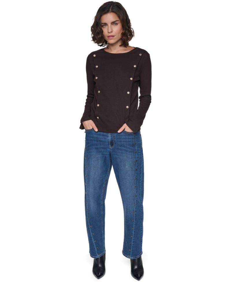 Petite Ribbed Long-Sleeve Button-Detail Knit Top
