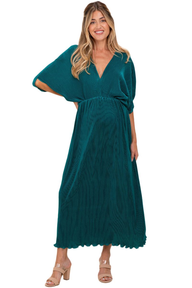 Women's Burgundy Pleated Satin Dolman Sleeve Maxi Dress